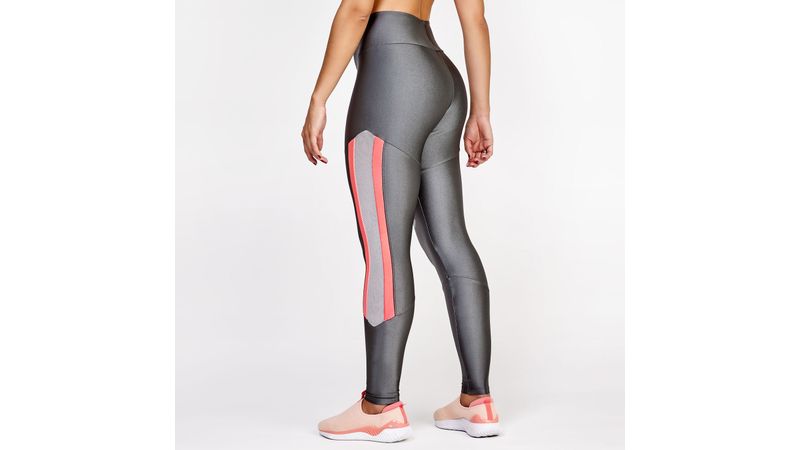 Calça legging poliamida cinza com recorte neon e tela feminina