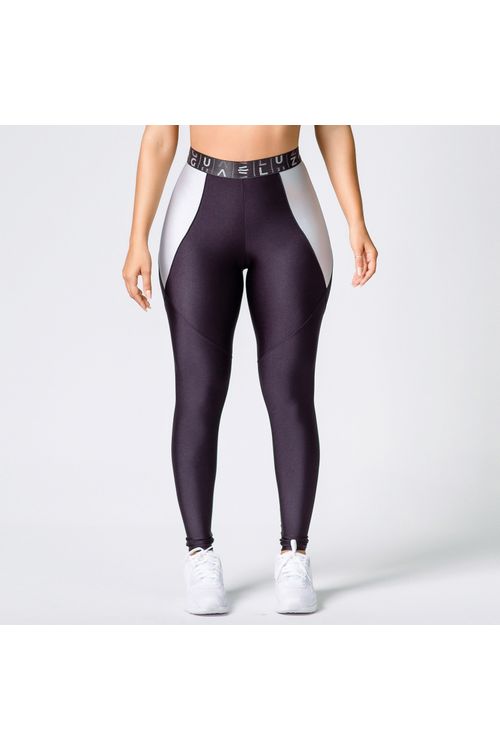 Calça legging poliamida preta com prata metalizado e elástico feminina