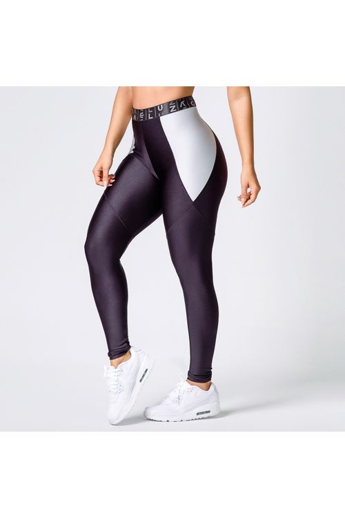 Calça legging poliamida preta com prata metalizado e elástico feminina