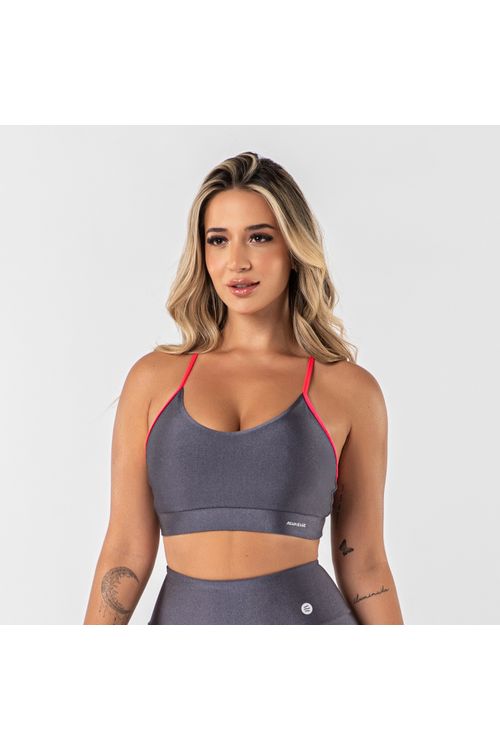 Top de alça cruzada poliamida cinza titânio com detalhe rosa neon feminino