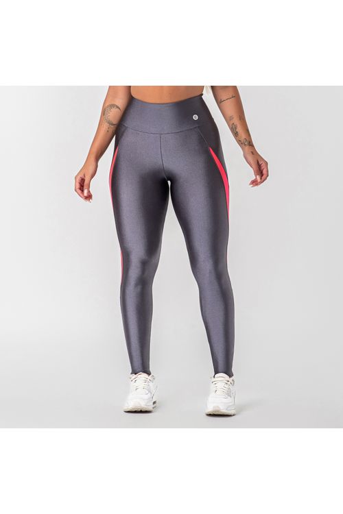 Calça legging poliamida cinza titânio com detalhe rosa neon feminina