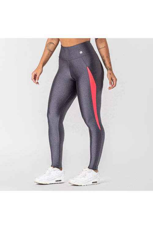 Calça legging poliamida cinza titânio com detalhe rosa neon feminina