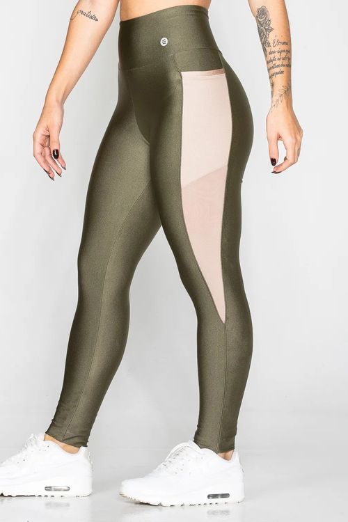 Calça legging poliamida verde alcaparra com bolso e tela nude