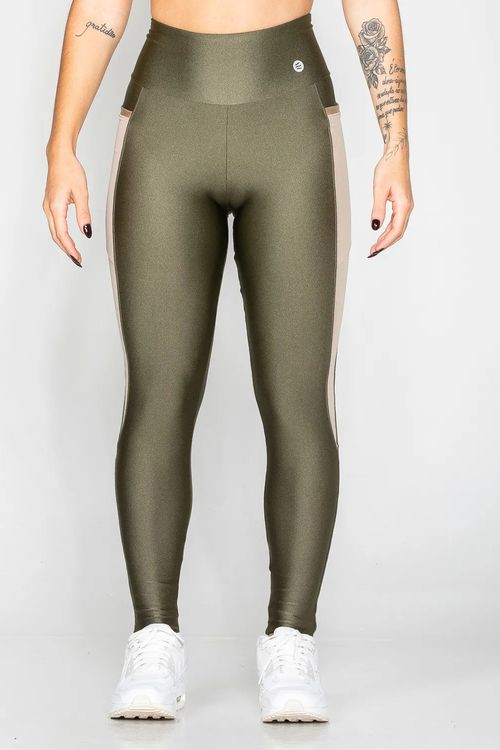 Calça legging poliamida verde alcaparra com bolso e tela nude