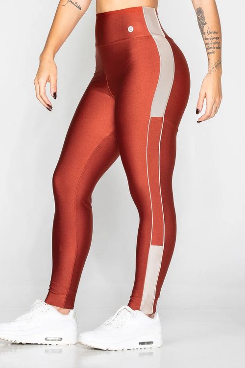 Calça legging poliamida telha com detalhe e friso lateral base