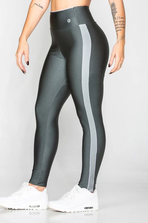 Calça legging poliamida cinza chumbo com detalhe prata e branco