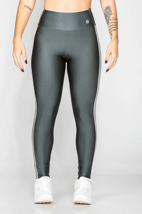 Calça legging poliamida cinza chumbo com detalhe prata e branco