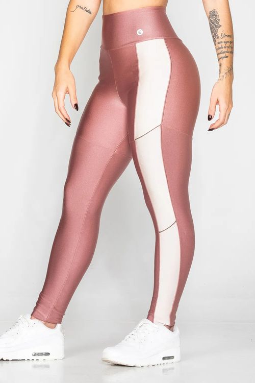 Calça legging poliamida rosa pastel com detalhe base e friso