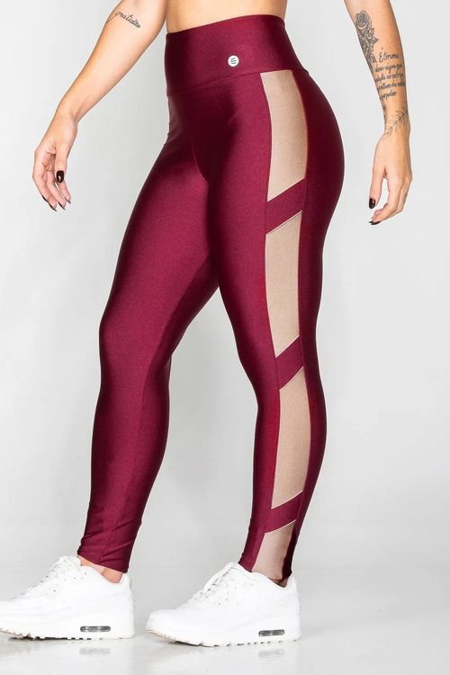 Calça legging poliamida vermelho cereja com detalhe nude