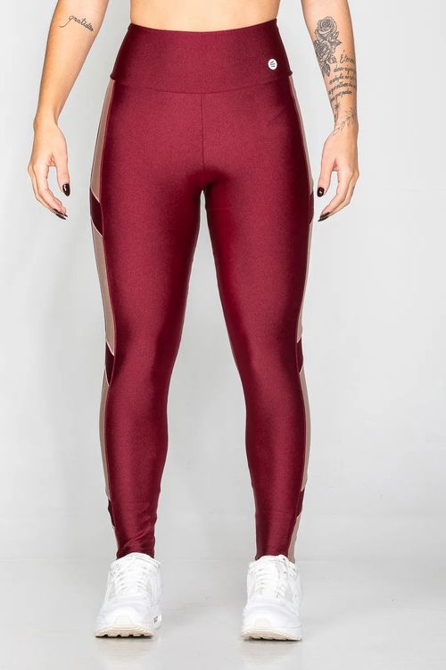 Calça legging poliamida vermelho cereja com detalhe nude