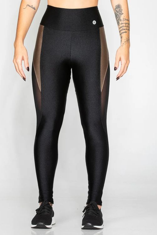 Calça legging poliamida preta com detalhe castanho e tule