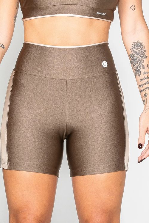 Short poliamida castanho com detalhe base e nude