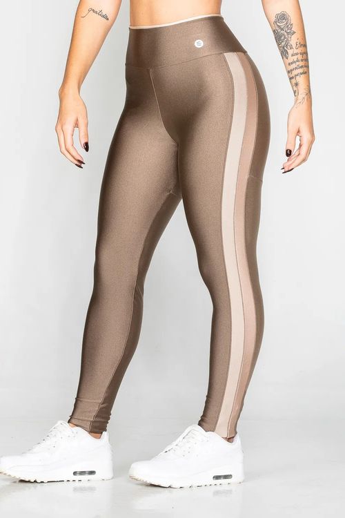 Calça legging poliamida castanho com detalhe base e nude