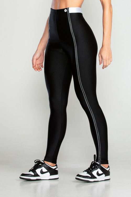 Calça legging poliamida preta com elástico branco e viés