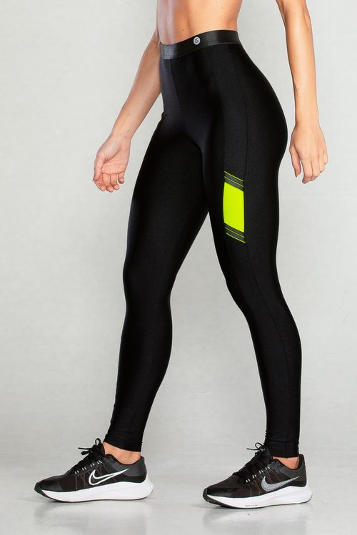 Calça legging poliamida preta com detalhe neon