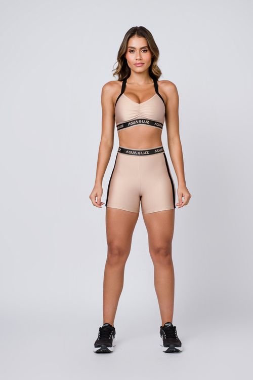 Conjunto feminino poliamida nude com detalhe em elástico canelado preto