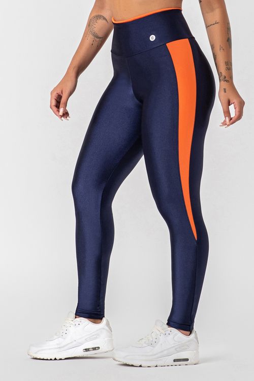 Calça legging  poliamida azul marinho contorno laranja cítrico feminina