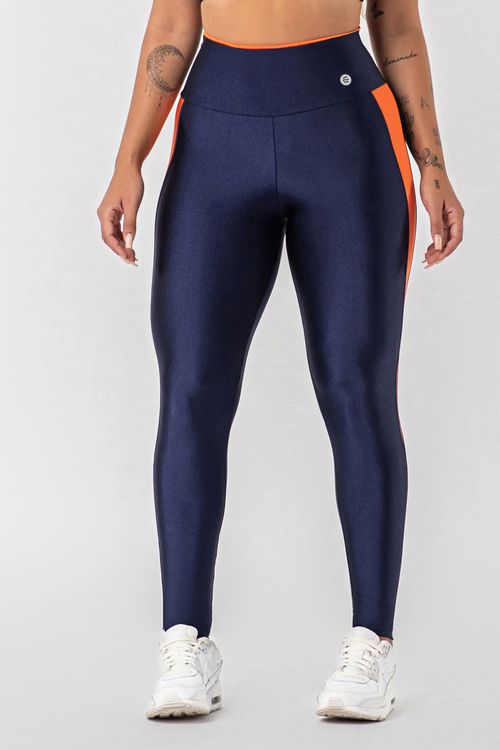 Calça legging  poliamida azul marinho contorno laranja cítrico feminina