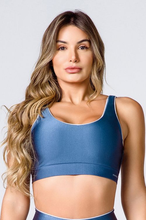 Top poliamida azul porcelana com contorno prata feminino