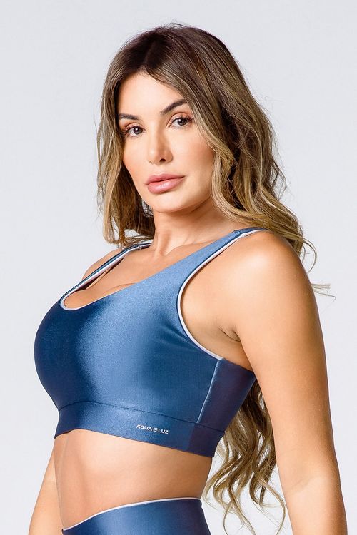 Top poliamida azul porcelana com contorno prata feminino