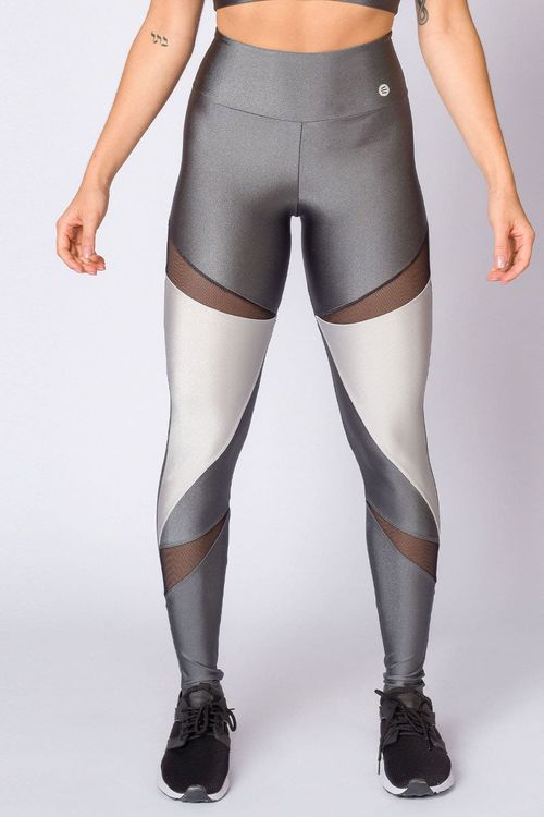 Calça legging poliamida cinza chumbo com recorte prata metalizado feminino