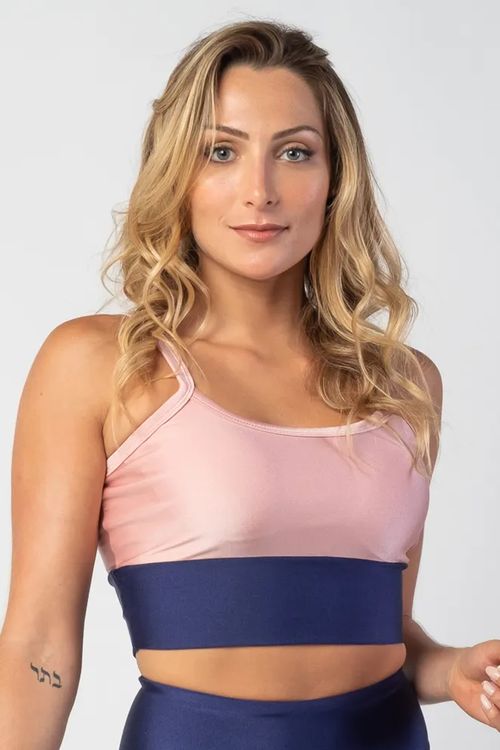 Top poliamida rosa claro com detalhe azul marinho feminino