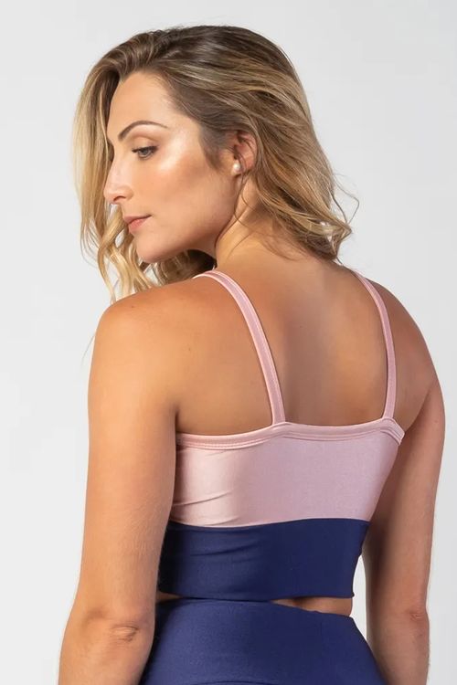 Top poliamida rosa claro com detalhe azul marinho feminino