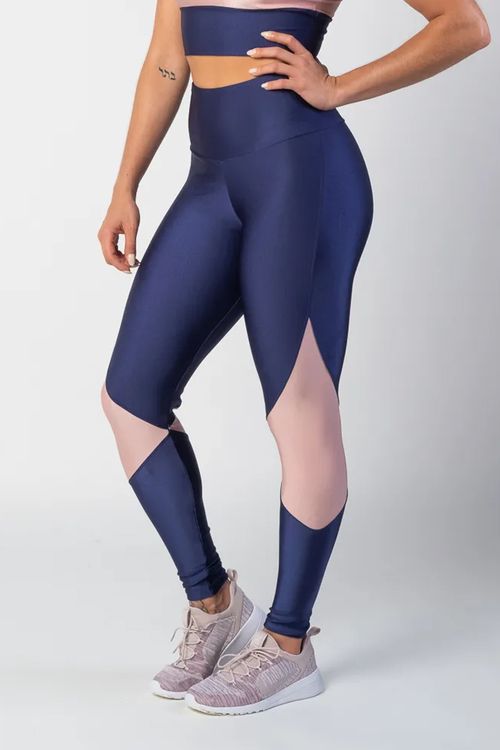 Calça legging poliamida azul marinho com detalhe rosa claro feminina