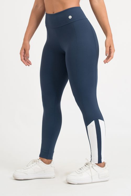 Calça legging poliamida confort azul marinho com recorte branco