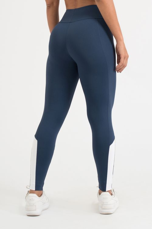 Calça legging poliamida confort azul marinho com recorte branco