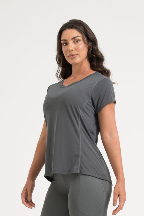 Camiseta de poliamida dry com recorte cinza níquel