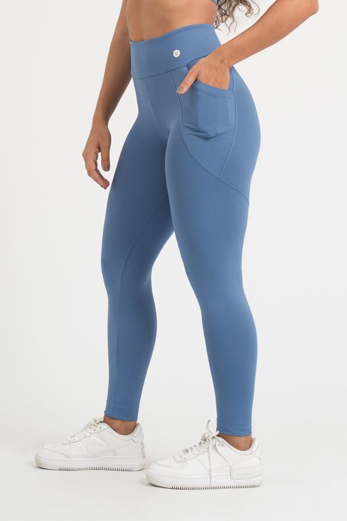 Calça legging poliamida confort azul sereno com bolso unilateral