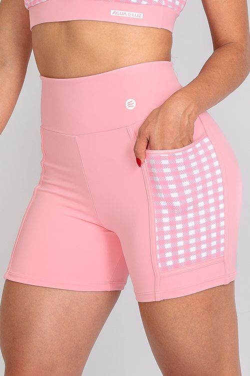 Short poliamida Adaptiv rosa bebê com bolso xadrez