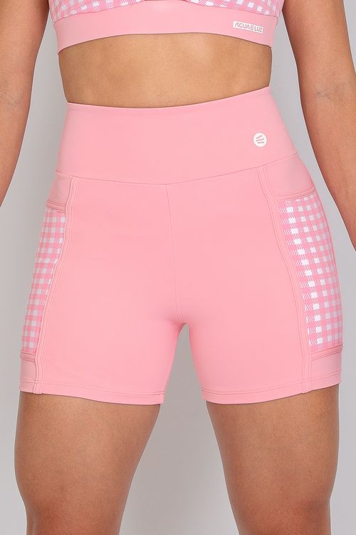 Short poliamida Adaptiv rosa bebê com bolso xadrez