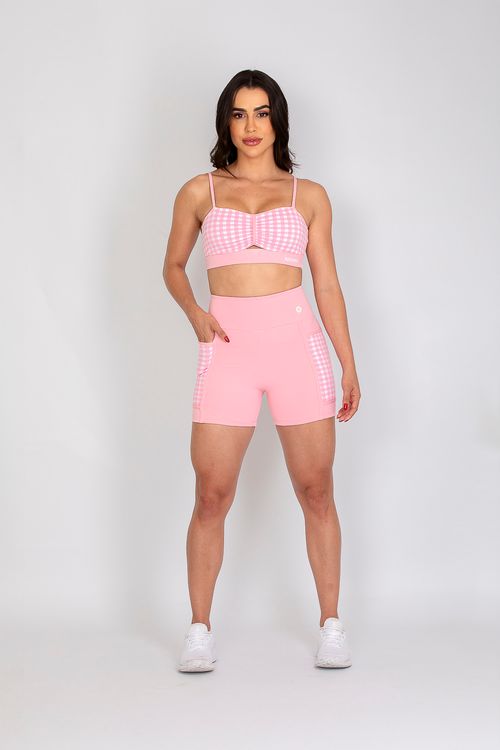 Conjunto de short poliamida Adaptiv rosa bebê xadrez com bolso