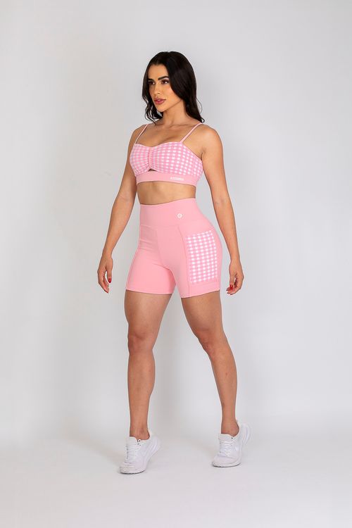 Conjunto de short poliamida Adaptiv rosa bebê xadrez com bolso