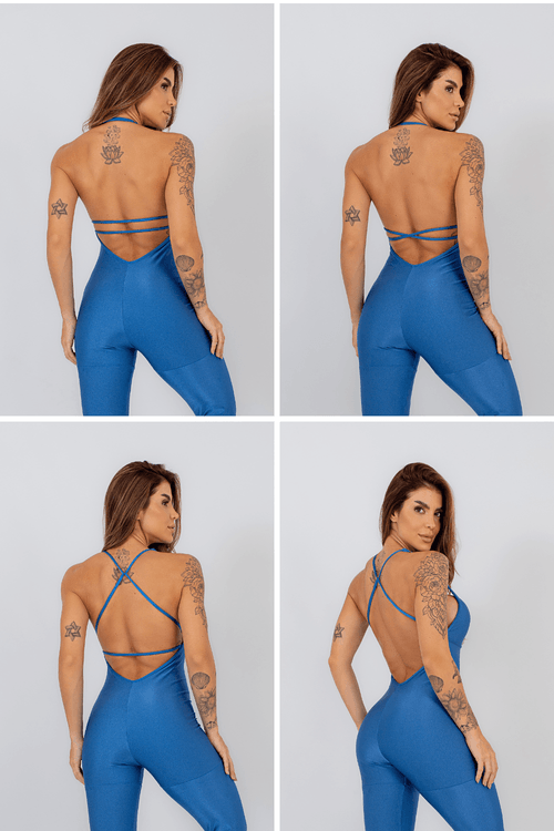 Macacão decotado com alças removíveis poliamida azul oceano