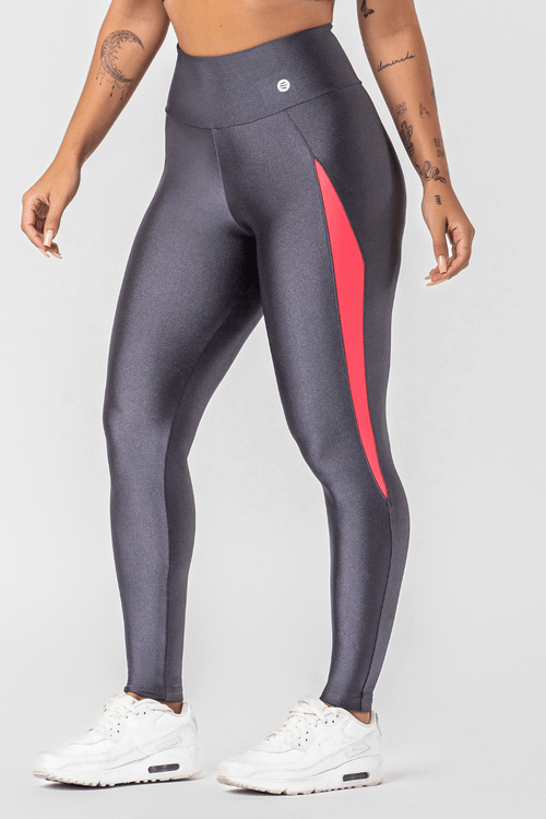 Calça legging poliamida cinza titânio com detalhe rosa neon feminina