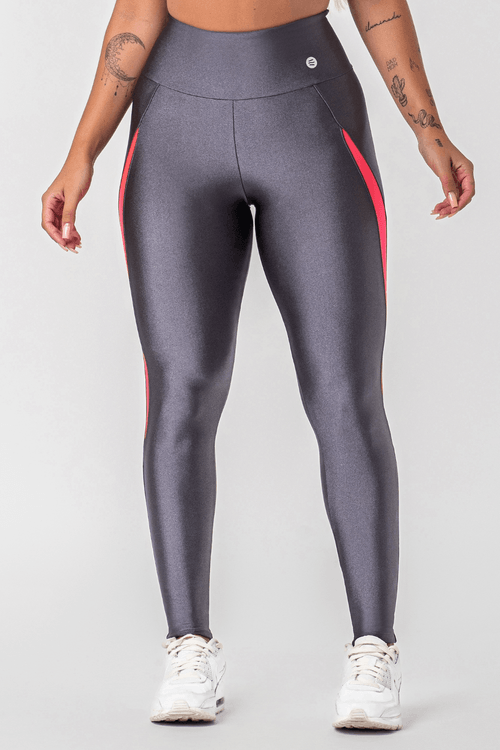 Calça legging poliamida cinza titânio com detalhe rosa neon feminina