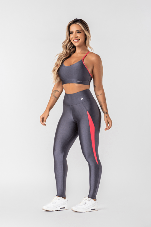 Conjunto poliamida cinza titânio com detalhe rosa neon feminino