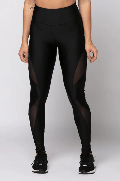 Calça legging poliamida preta com transparência feminina