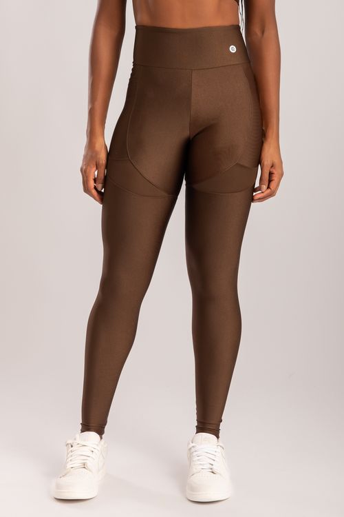 Calça legging poliamida marrom café com bolso e detalhe de tule