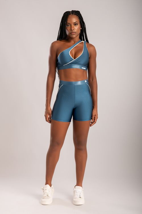 Conjunto de short poliamida azul índigo com detalhe off white