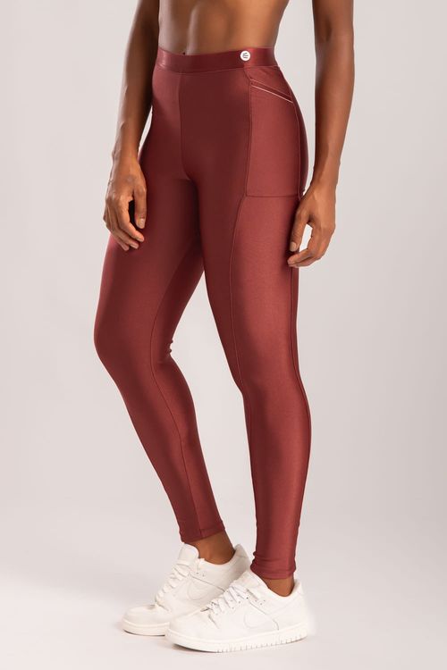Calça legging poliamida marsala com bolso e detalhe de elástico