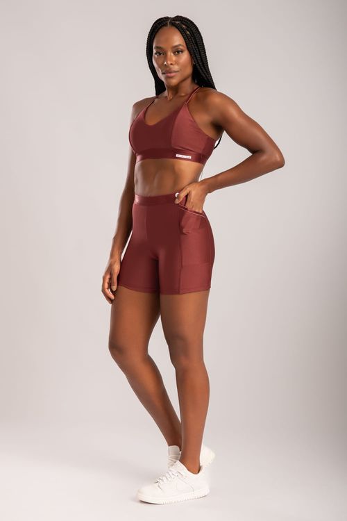 Conjunto de short poliamida marsala com bolso e detalhe de elástico