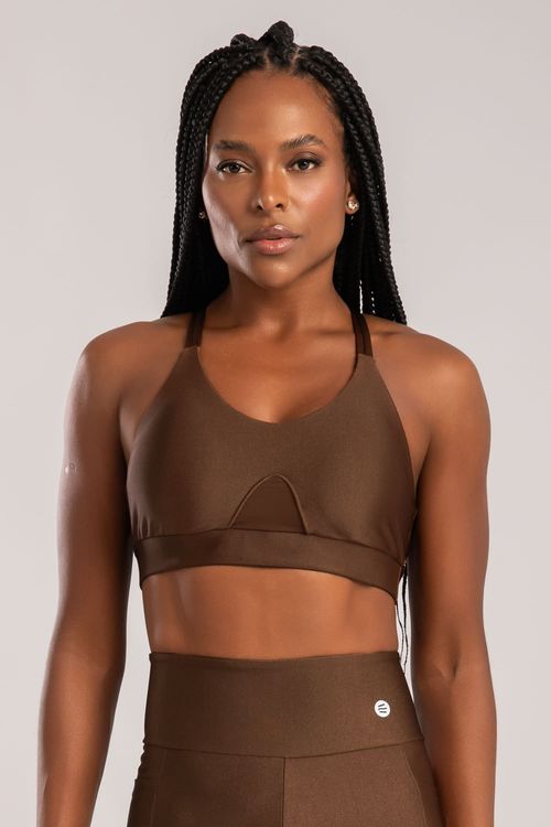 Top camiseta poliamida marrom café com alça dupla