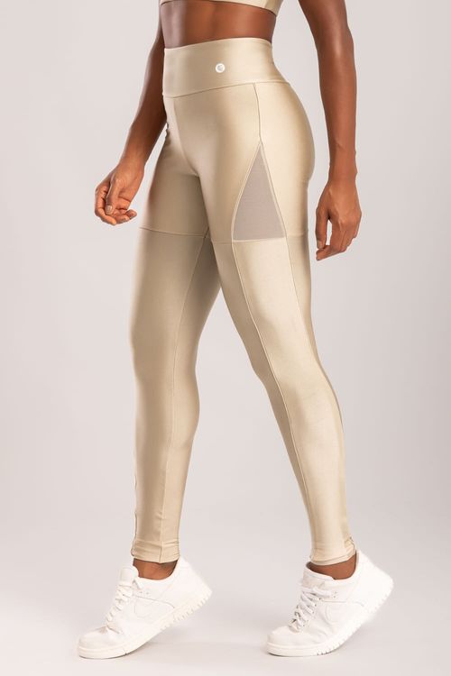 Calça legging poliamida areia com detalhe de tule