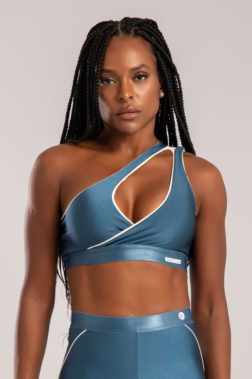 Top transpassado ombro só poliamida azul índigo com contorno off white