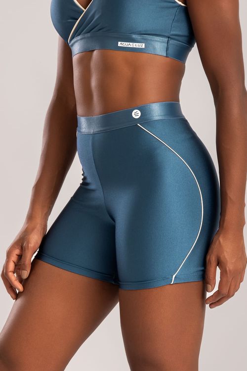 Short poliamida azul índigo com friso off white