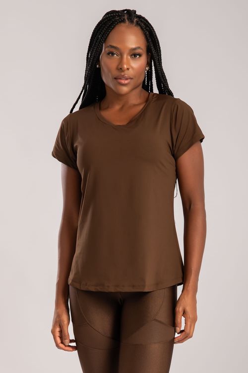 Camiseta poliamida marrom café com transpassado de tule